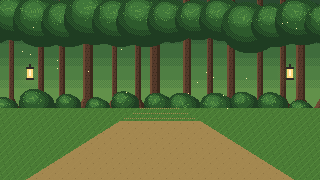 A forest clearing with a dirt path, lanterns and tall trunks