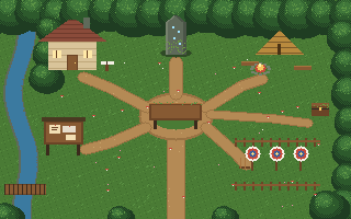 Top-down pixel map of the forest: a cottage, a tall stone, a campfire, a notice board and an archery range around a central clearing