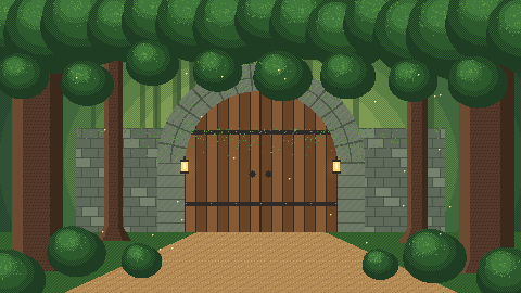A mossy stone arch with closed wooden doors, two lanterns and tall trees around it