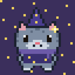 Blue smoke cat in a wizard cone under a starry dusk
